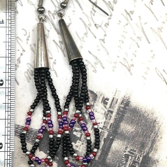 Long Vintage Artist Beaded Silver Black Purple Chandelier Boho Earrings - Picture 5 of 5